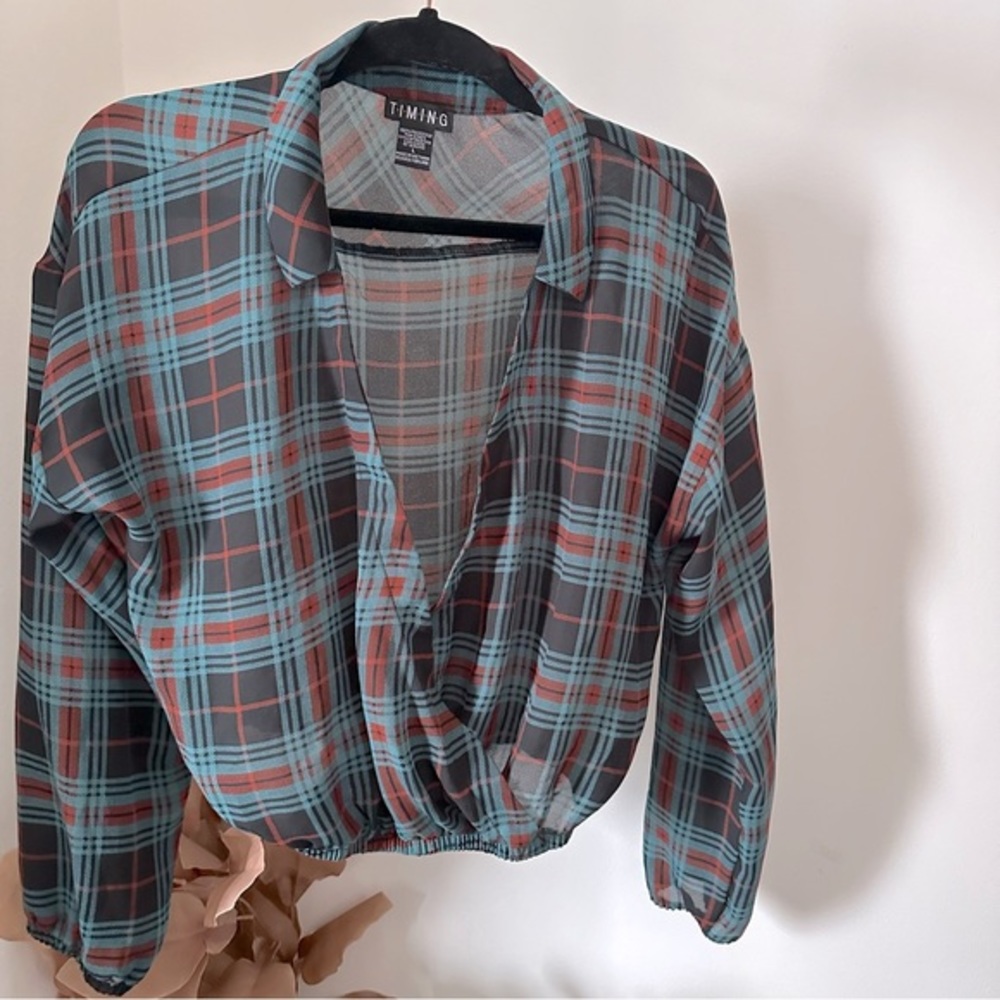 Women’s plaid semi sheer long sleeve low cut collared cropped blouse red & blue
